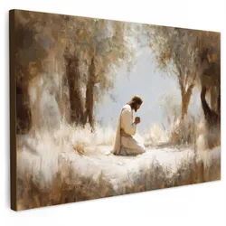 LEINWANDBILD Jesus - Kniend - Waldlandschaft - Betend Wohnzimmer Groß 120x80 cm