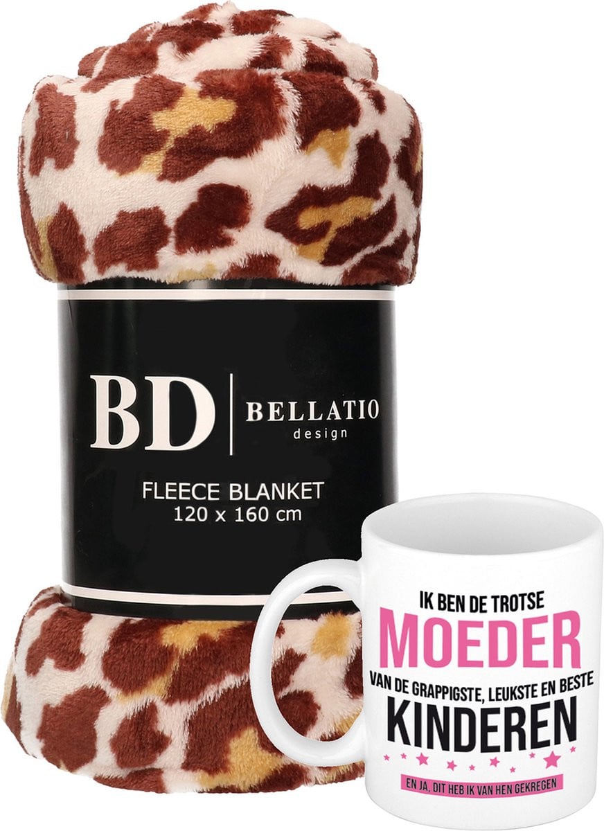 Cadeauset voor moeder met panterprint fleece plaid en Trotse moeder mok