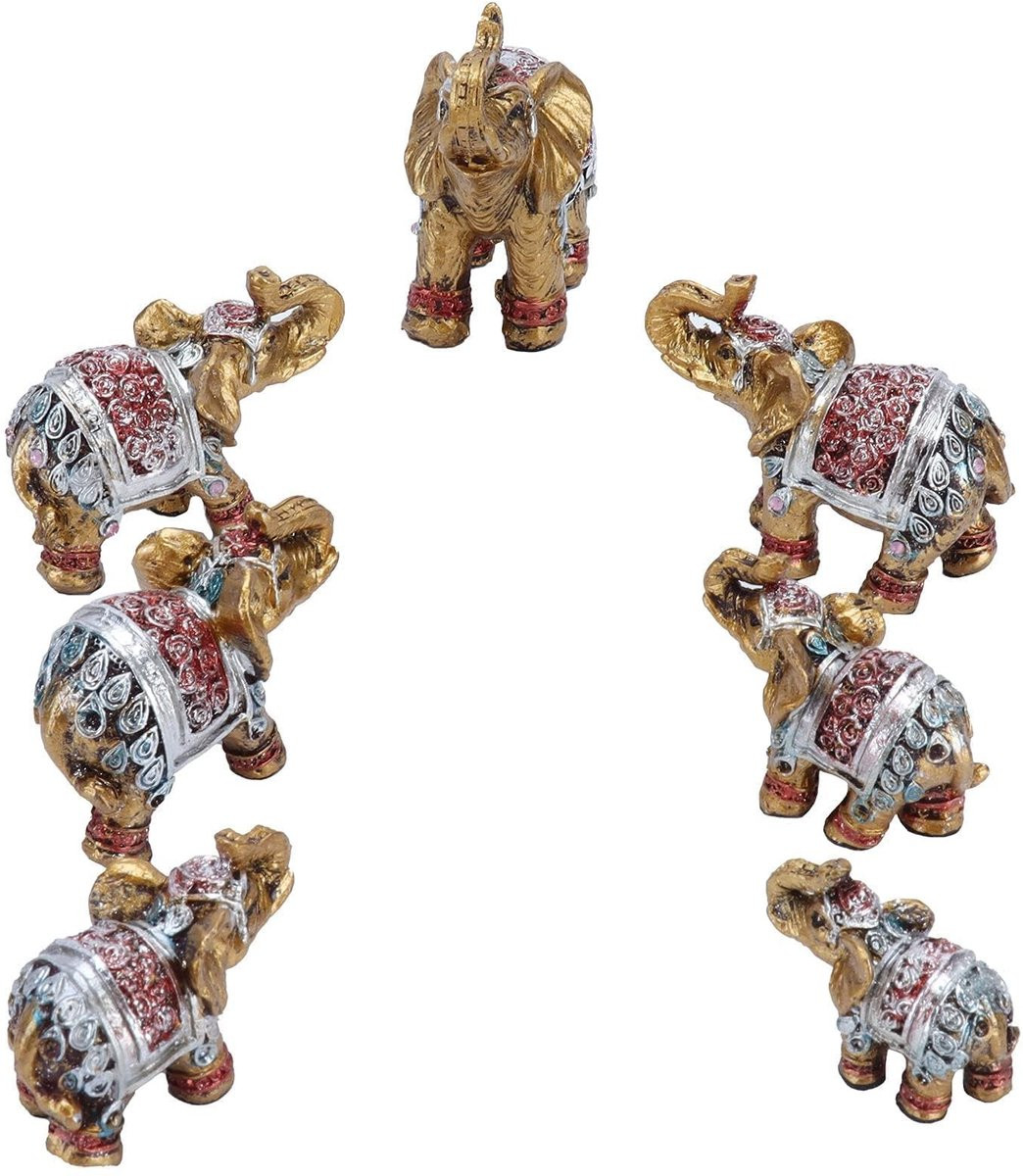 Set van 7 decoratieve geluks olifanten beelden voor op tafel