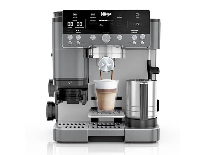 Ninja Luxe Café Premier 3-in-1-Kaffeemaschine mit Mahlwerk & Aufschäumer Smarte Siebträgermaschine mit integrierter Waage & 25 Mahlgraden, automatischem Michsystem, Grau-Metall - ES601EUGM
