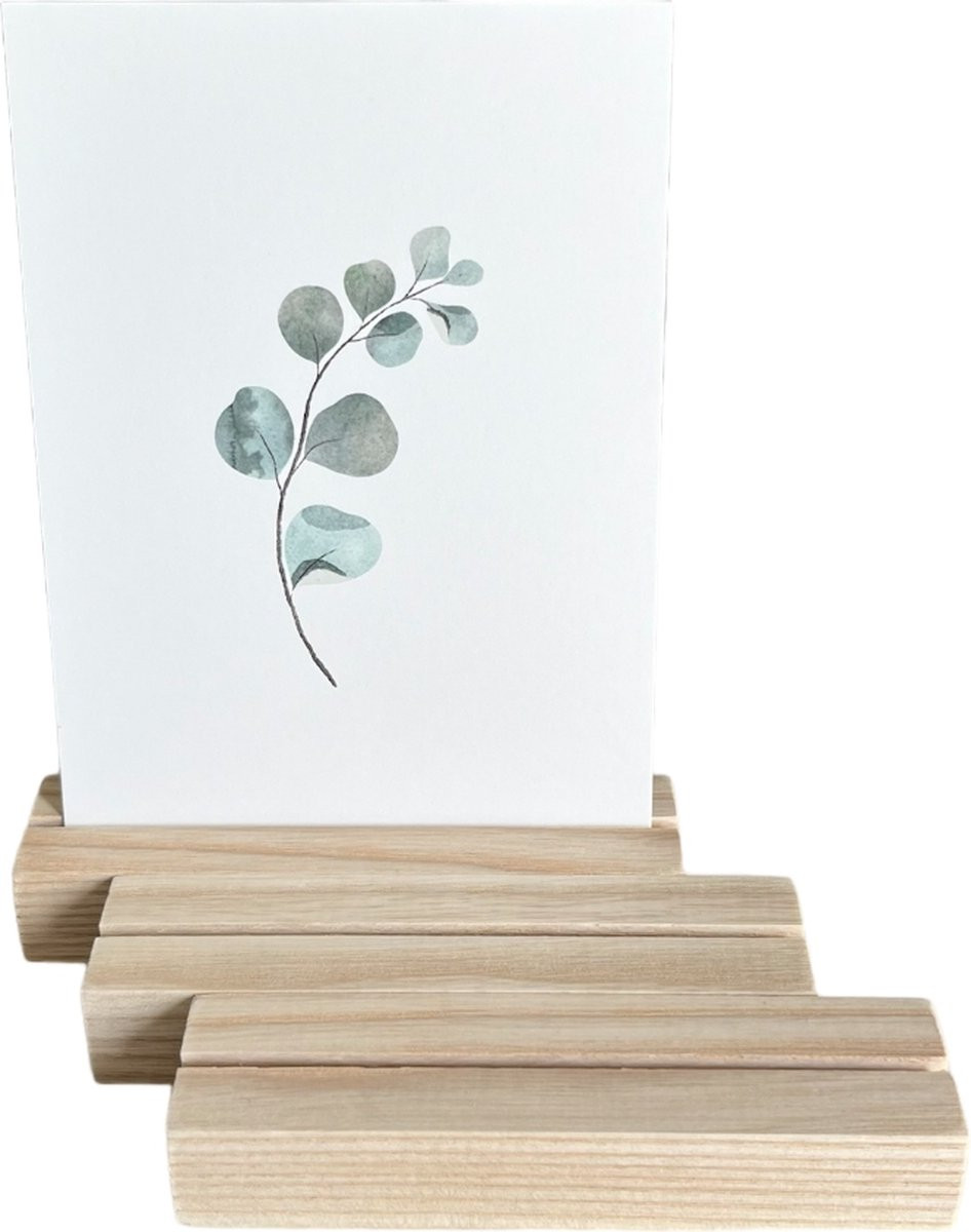 Huis96 Kaarthouder Blokje van Hout Set van 3 stuks - Fotohouder - Blank - Hoogte: 11,5 cm
