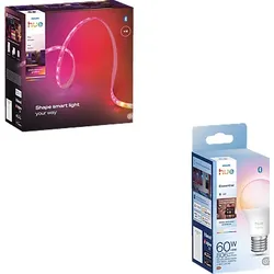 PHILIPS Hue Flux Gradient Lightstrip, 4m, lebendige Farben und Atmosphäre, Chromasync™-Farbmischung + Philips Essential E27 smarte LED Lampe, Bundle RGBWWIC