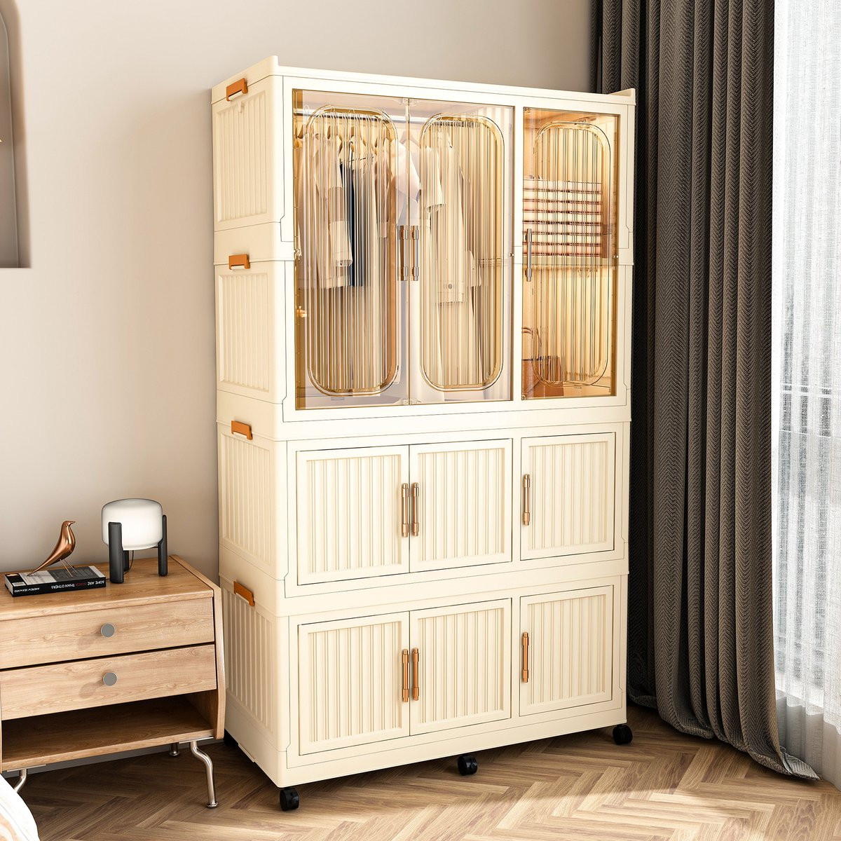Clruro Modulaire Kledingkast met 9 Magnetische Deuren en Hangroede in Beige