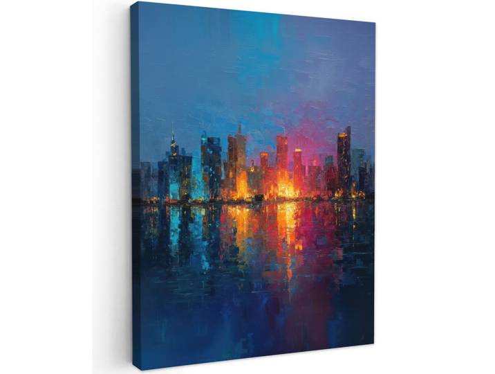LEINWANDBILD Skyline - Pinselstriche - Dunkelblau - Leuchtend Wandbild Wohnzimmer 60x80 cm