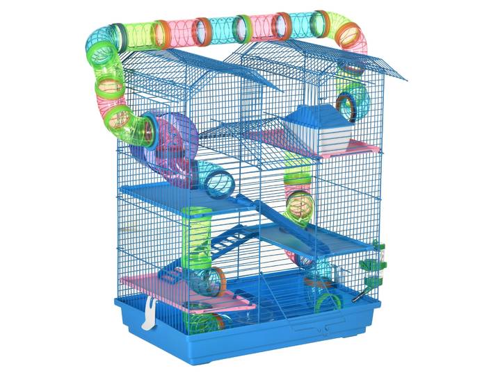 Pawhut - Cage Pour Hamster Souris Petits Animaux Rongeur Avec Tunnel Mangeoire Roue Jouet 47 X 30 X 59 Cm Cm Bleu