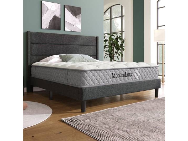Lit double rembourré - 140x200 - Lin gris foncé - Sommier à lattes inclus - Soutien orthopédique 7 zones