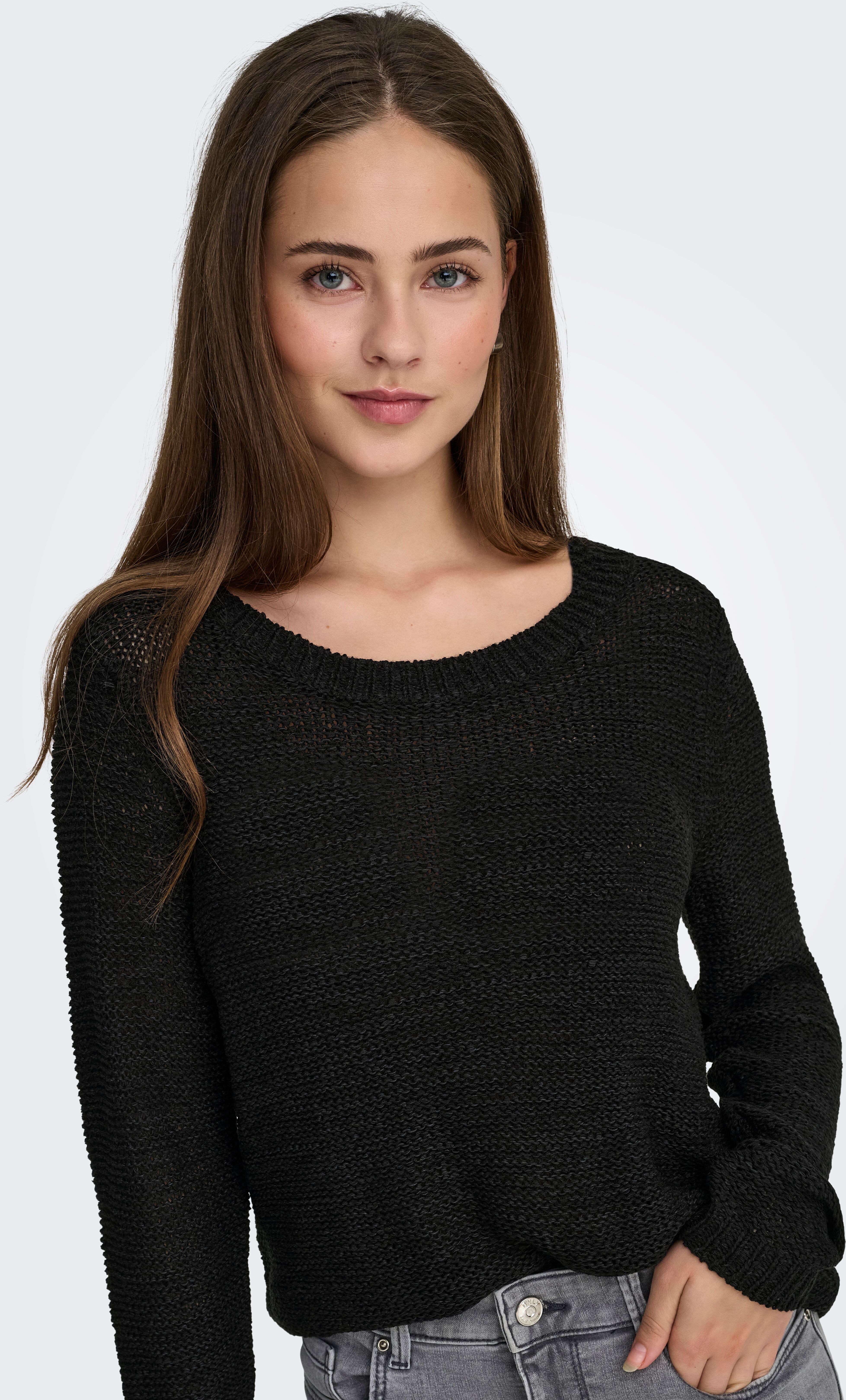 Strickpullover ONLY "ONLGEENA XO L/S PULLOVER KNT NOOS", Damen, Gr. XL, schwarz, Strick, Obermaterial: 65% Polyacryl, 35% Polyamid, unifarben, tailliert kurz, Rundhals, Rippstrickbündchen, Pullover Strickpullover, Materialmix, regular fit schwarz XL
