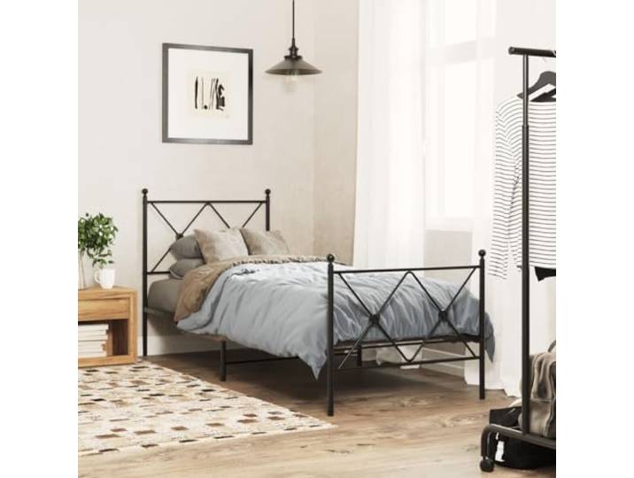 RJPLMFV Bettgestell aus Metall, 75 x 190 cm, Schwarz Robuster Stahl, Lattenrost inklusive, Stauraum unter dem Bett, Kopfteil zur Unterstützung der Rückseite
