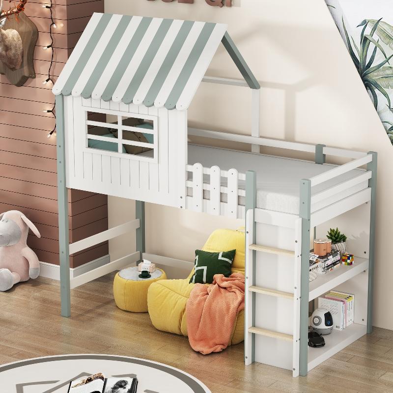 Kinderbett 90x200cm Hausbett mit Dach aus Massivholz, grün, mit Sicherheitsleiter, Ablagefach und Lattenrost für Kinderzimmer