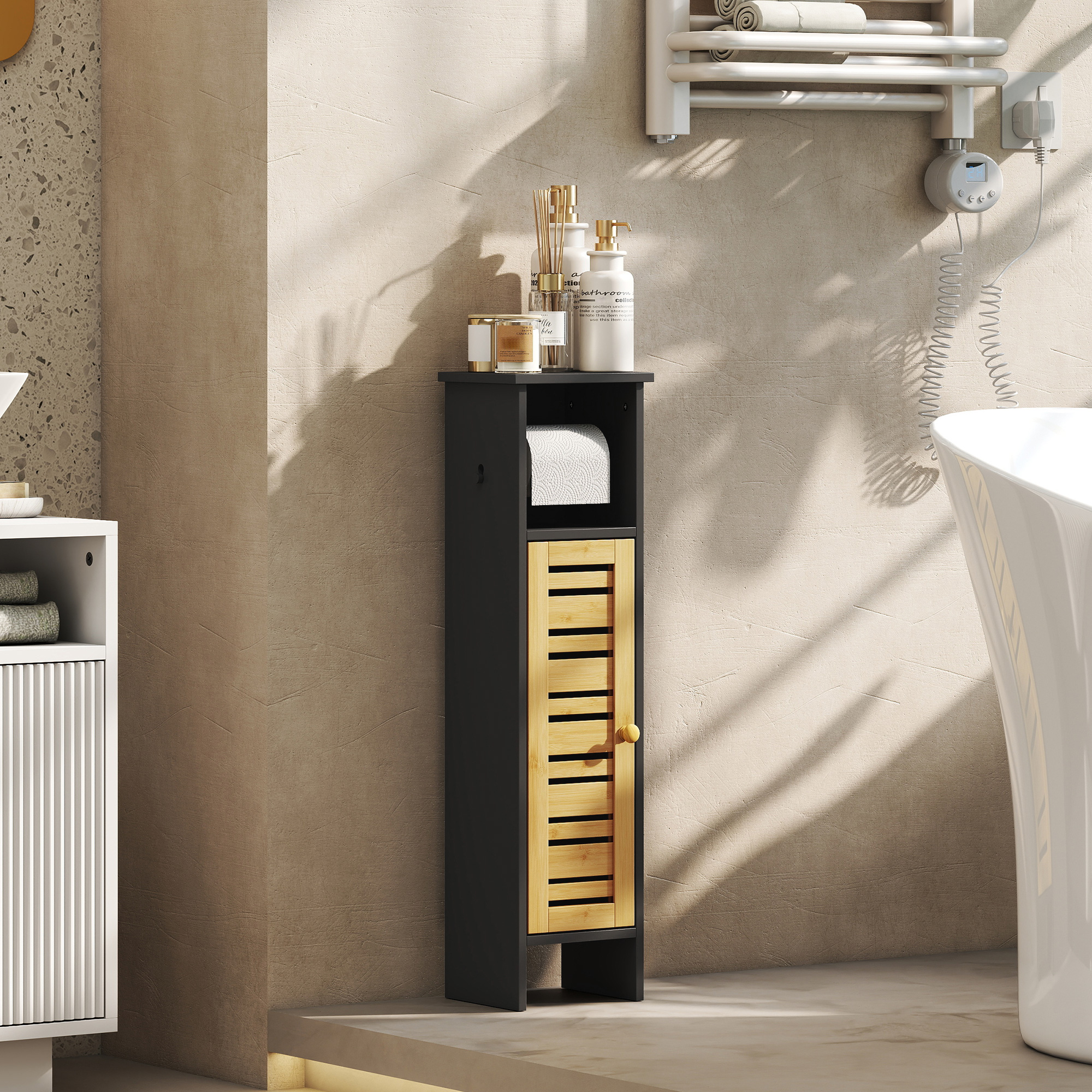 Homcom Mobile da bagno in bambù a 3 livelli con portarotolo, 78 cm, nero   Aosom Italy