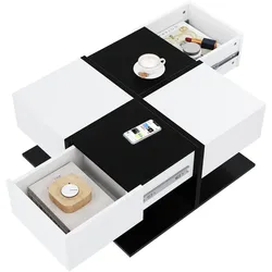 OKWISH Quadratischer Couchtisch Schwarz Weiß mit 2 Schubladen, stabiler Spanplatte, minimalistisches Design, Stauraum für Wohnzimmer, Ablage, 70x70x35 cm