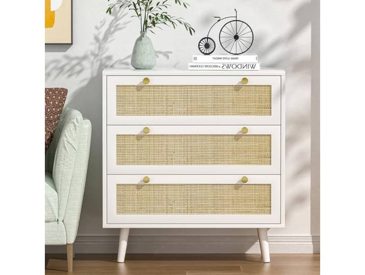 Yvsevnr Kommode Weiß mit Schubladen 80 cm Breit, Rattan Schubladenkommode, Schubladenschrank, Wäschekommode, Kommode mit 3 Schubladen Holz, Kippschutz, für Schlafzimmer Wohnzimmer Flur 80x40x91 cm