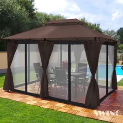 Swing&Harmonie Luxus LED - Pavillon 3x4m Minzo - inkl. Seitenwände mit LED Beleuchtung + Solarmodul Gartenpavillon mit Moskitonetz Partyzelt Gartenzelt in Braun