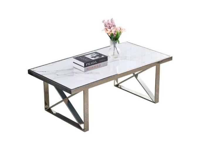 Table Basse LEVANTO – Chrome & Marbre Blanc – 120x60x45 cm