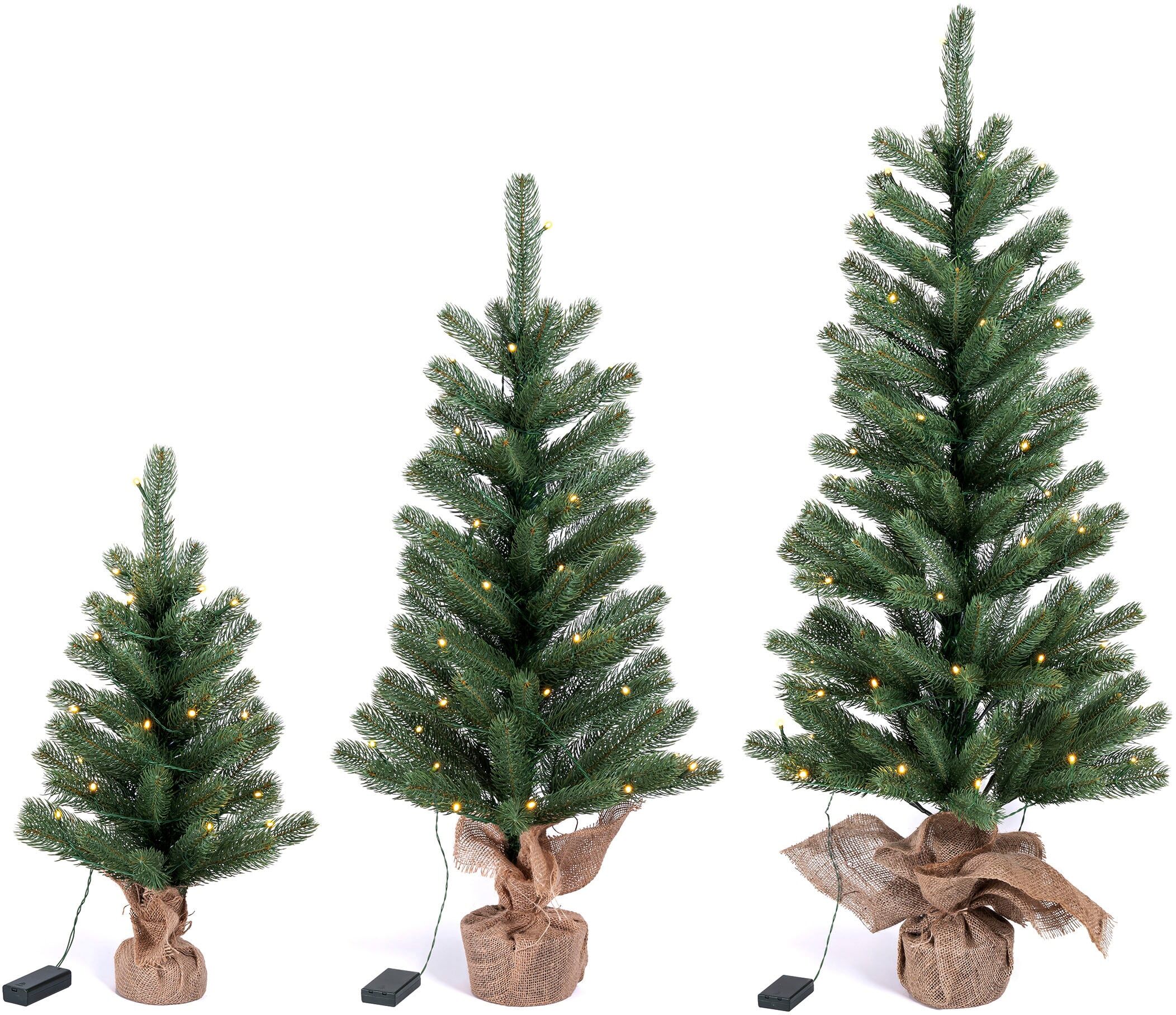 IC WINTERWORLD Künstlicher Weihnachtsbaum "LED-Tannenbaum, künstlicher Christbaum", grün (grün, natur), H: 90cm bis, Weihnachtsbäume, Weihnachtsdeko mit Jutebeutel um den Betonfuß, Batteriebetrieb