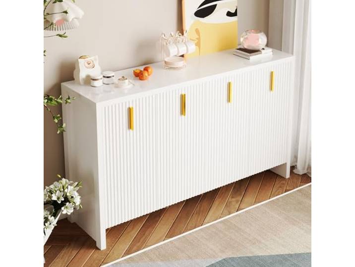 Merax Sideboard 140x38x80 cm mit goldenen Griffen, verstellbaren Trennwänden & viel Stauraum – Weiß