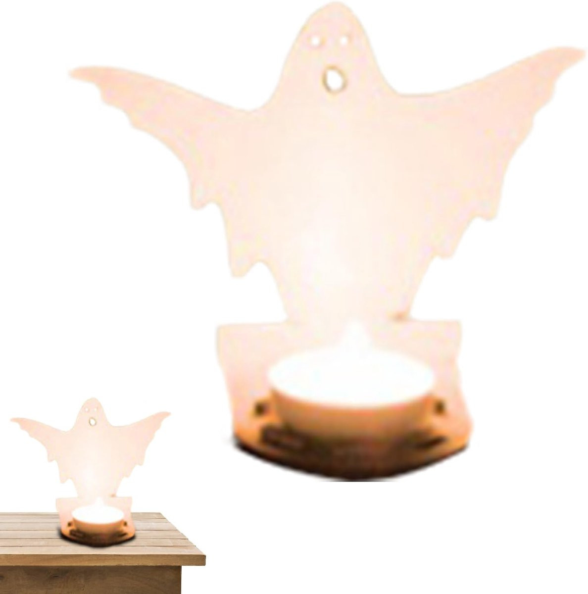 Houten Spook Kandelaar voor Tealights - Halloween Decoratie - 12 x 10 x 8 cm