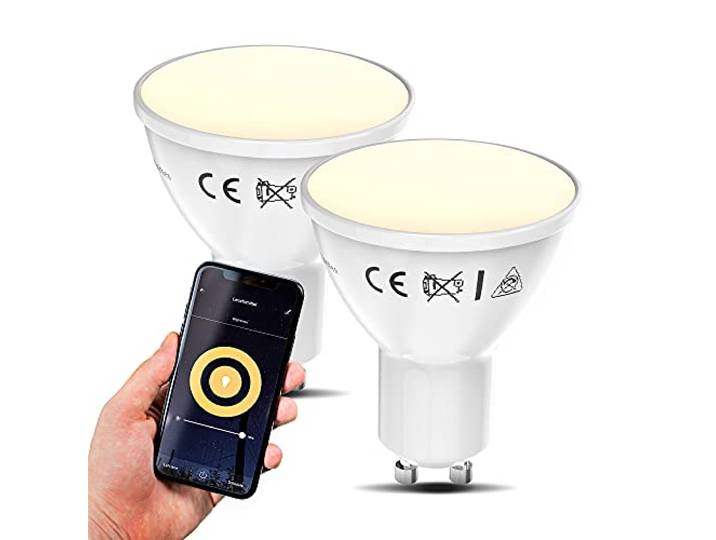 B.K.Licht - 2er Set Smart Home LED Lampe GU10 smart via App- und Sprachsteuerung, warmweiße Lichtfarbe, 5,5 Watt, 350 Lumen, LED Glühbirne, Leuchtmittel, Birne, Glühlampen, 5x5,6 cm, Weiß