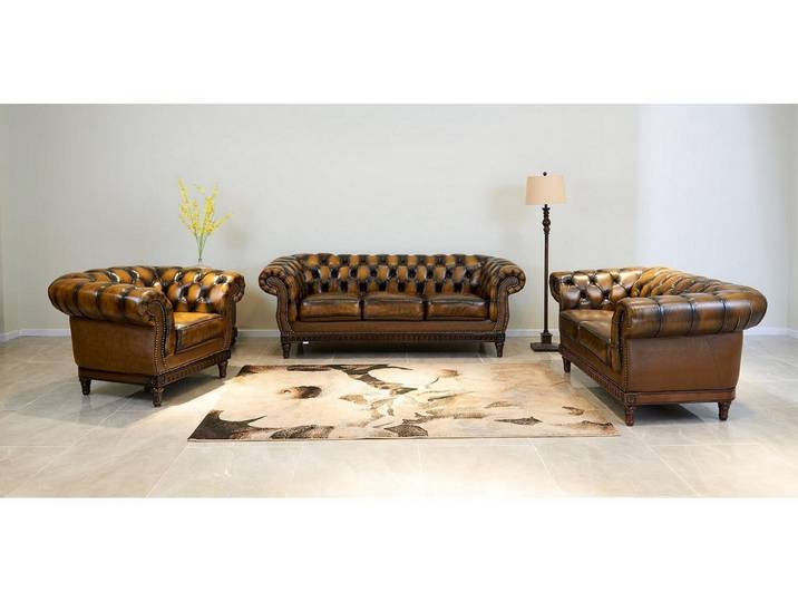 Salottini Chesterfield-Sofa Luxus Chesterfield London Sofagarnitur Leder 3/1/1, 3 Teile, Handarbeit