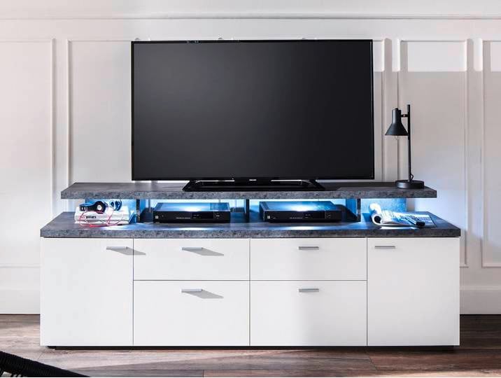 TV Lowboard Mood , weiß / Stone dunkel mit 4er Set LED Unterbauspots