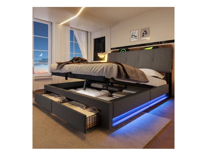 Ulife Polsterbett Hydraulische Lagerung, Mit USB Typ-C Ladefunktion (3-tlg), Multifunktionale Aufbewahrung, LED-Beleuchtung