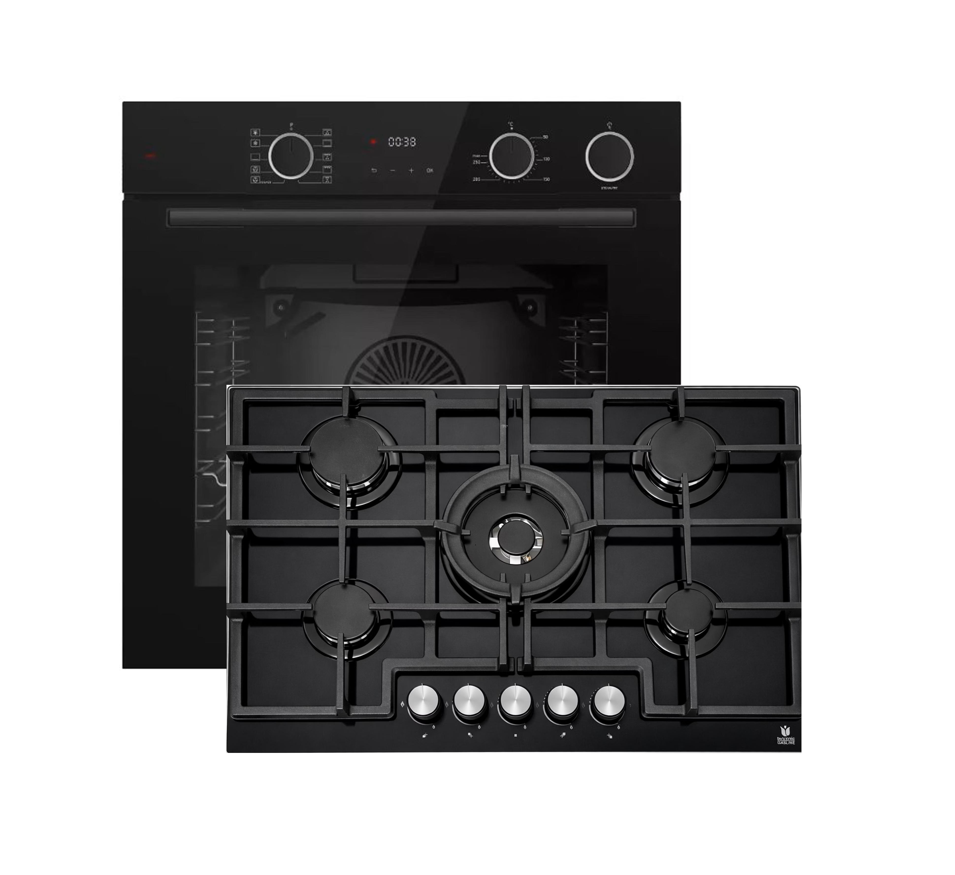 Böhme Einbaubackofen HB60F78DL Schwarz Glas mit Heißluft AirFry sowie Dampfunterstützung+ Gasline Gaskochfeld 75cm Schwarz Glaskeramik mit 5 Brenner