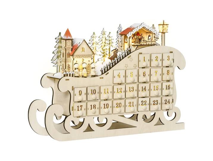ADVENTSKALENDER Weihnachtskalender 24 Schubladen mit LED Schlitten-From
