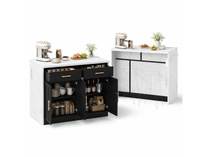 Îlot de cuisine - FURNITURER - 120x60x91 cm - Avec prises & ports USB - Rangements et coin repas