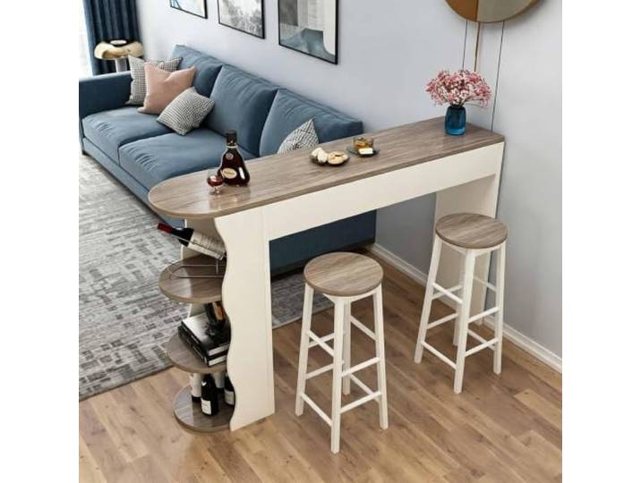Konsolentisch Schmal Modern aus Holz mit 2 Stühlen, Bartisch-Design Konsolentisch aus Holz mit zwei Stühlen, mehrstufigem Stauraum und schmalem Design für Flur, Eingangsbereich, Foyer
