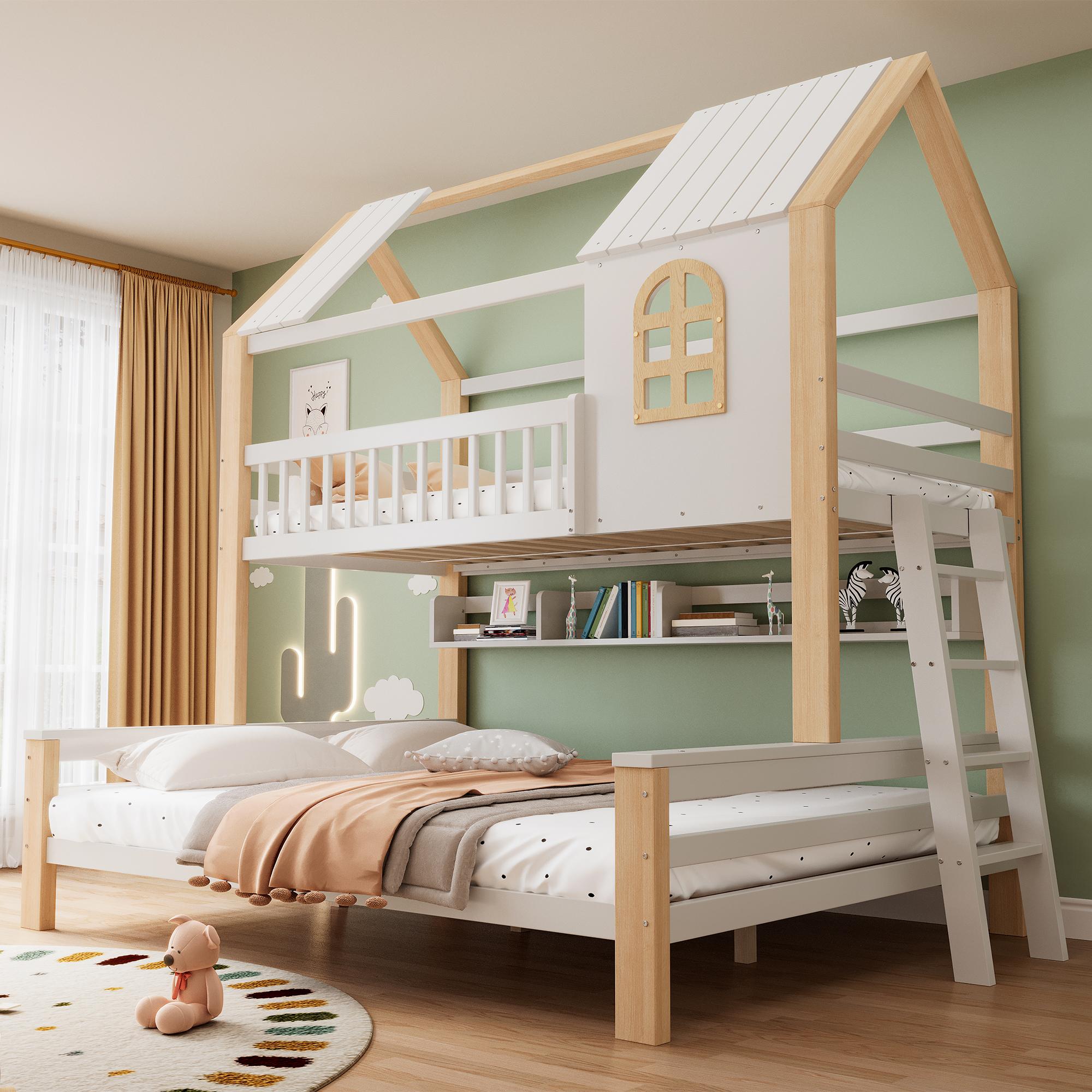 STILVORA Etagenbett 90 x 200 / 140 x 200 cm mit stabiler Leiter, Hausbett mit hohem Rausfallschutz, Kinderbett als platzsparendes Doppelstockbett