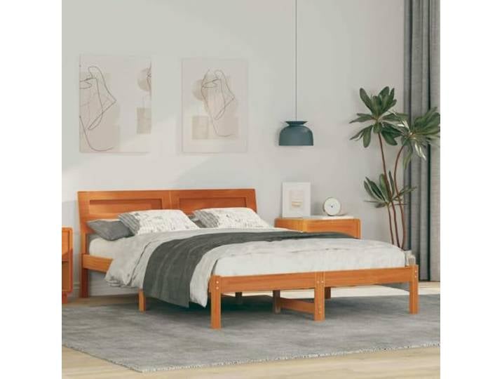 YNGBHFNOP Massives Kiefernholz Plattformbett mit Kopfteil 120x200cm Braun Bettrahmen Wachsbraun 120x200 cm Massives Kiefernholz Plattform Bettgestell mit Kopfteil Lattenrost USB Stabile