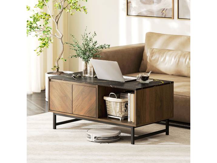 HOMCOM Table Basse Salon Effet Marbre 2 Portes Noyer