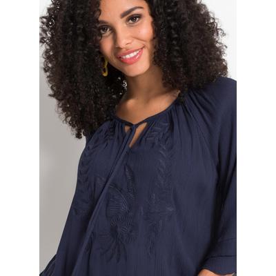 Tunika BONPRIX, Damen, Gr. 50, blau (dunkelblau), Obermaterial: 100% Viskose, A-Linie, Tuniken, A-Linien-Passform, mit 3/4-Ärmeln, gleichfarbige Stickerei