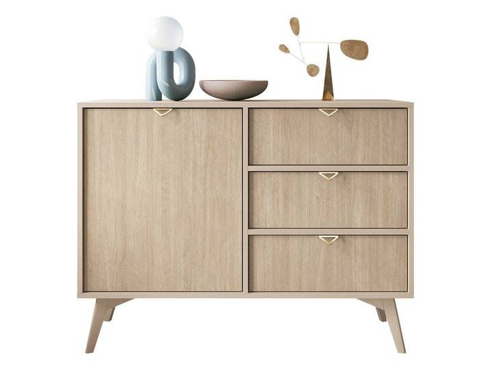 Compleo Kommode Scandi design Holz, mit drei Schubladen, 1-türig, MARIA