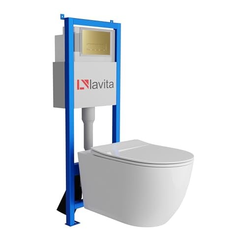Lavita Complete Toiletset met Sinto Grande Randloos Hangtoilet, Inbouwreservoir en Bedieningsplaat LAV 200.3.5 Goud, Wit