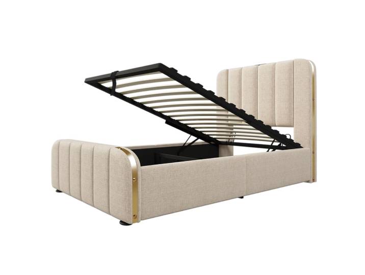 Lit rembourré en lin beige relevage hydraulique 90x200cm