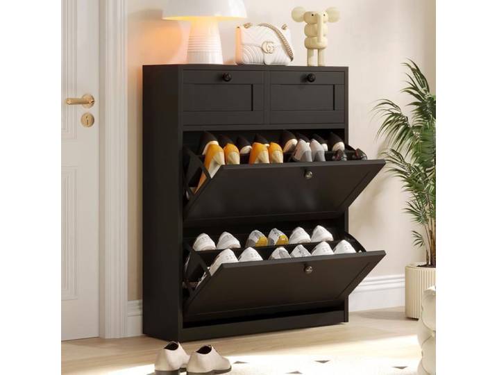 Meuble à Chaussures - VOWNER - Meuble d'entrée Rangement pour Chaussures -Commode à Chaussures - 80 x 100 x 24 cm - Noir