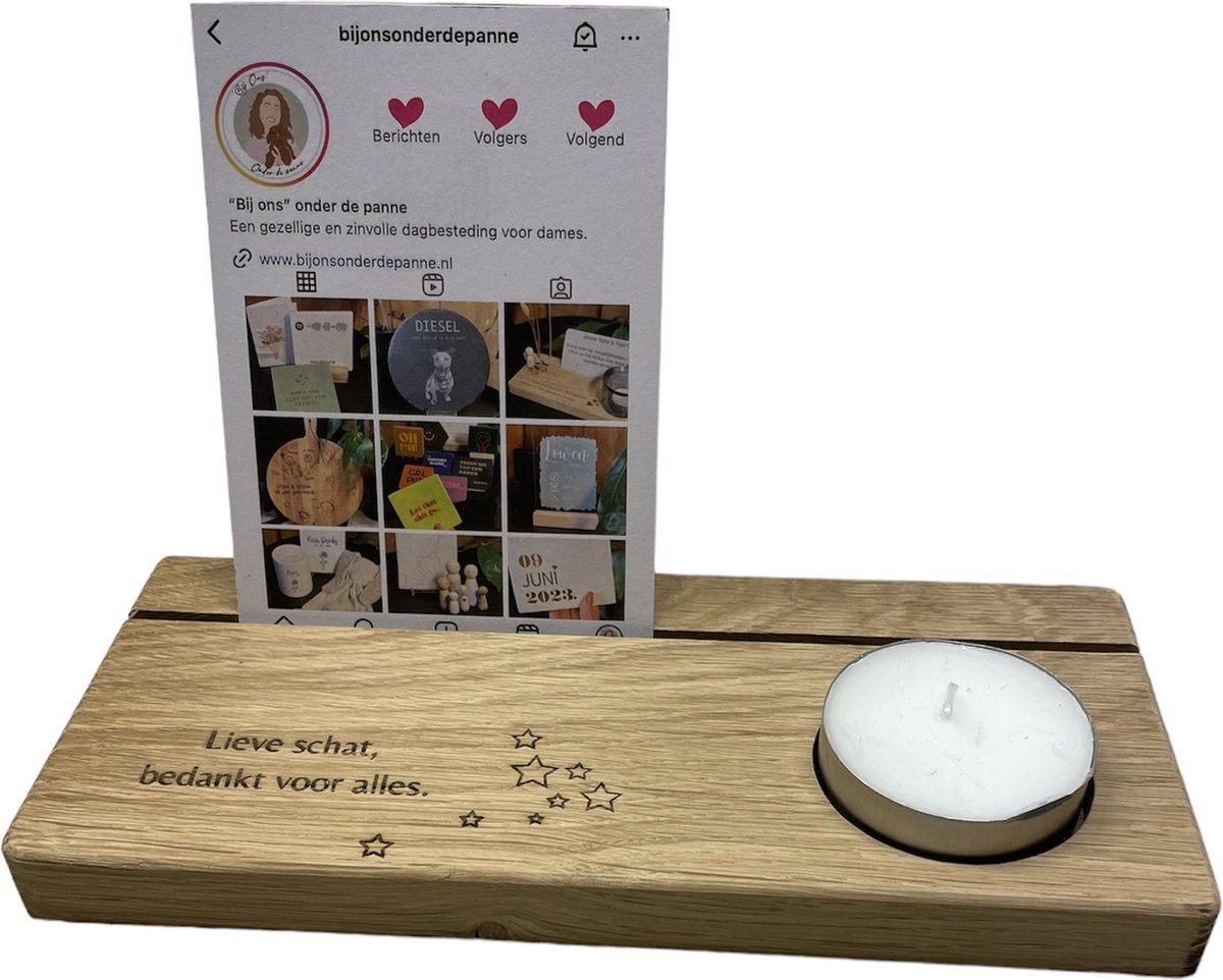 Persoonlijk eikenhouten herinneringsplankje met waxinelichthouder voor in memoriam