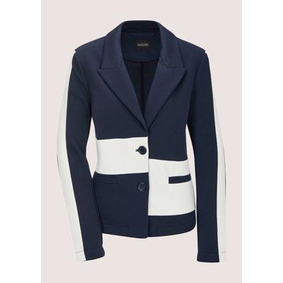 Langarmshirt MADELEINE "Blazer Elegante Businessjacke mit Kontrasten", Damen, Gr. 44, blau (marine, wollweiß), Obermaterial: 85% Baumwolle CO. 15% Polyester PES., Modern, Shirts Langarmshirt, Asymmetrische Blocktreifen