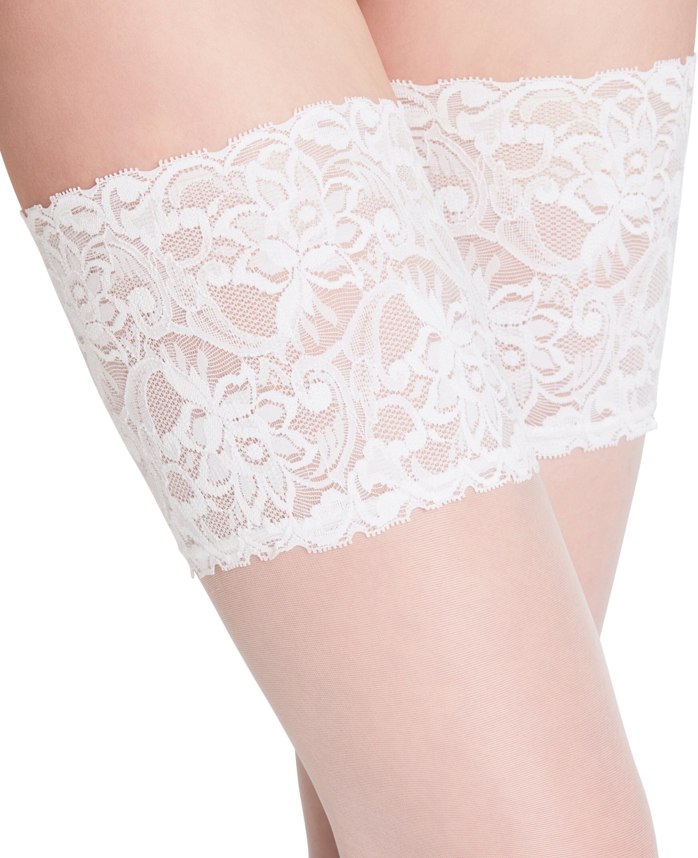 Halterlose Feinstrümpfe FALKE "Seidenglatt", Damen, Gr. 8.5-9, weiß (2209, weiß), Obermaterial: 86% Polyamid, 14% Elasthan, unifarben, Socken Halterlose Feinstrümpfe