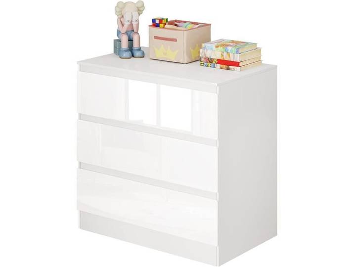 WOLTU Commode à 3 Tiroirs Meuble Rangement Armoire Chambre en Panneaux de Particules 80x48x78cm Blanc Brillant