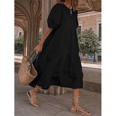 Damen mittellanges Kleid weiß gestuft Bohemian Stil kurze Puffärmel lässig fließend Strand Sommer atmungsaktive Baumwolle Kleidung Bekleidung