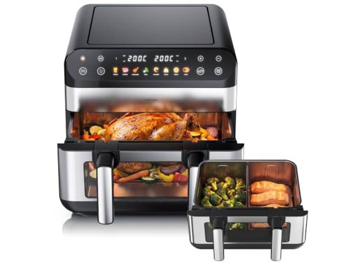 Arendo - XXL Heißluftfritteuse 10 Liter - 2 Kammern trennbar / 1 Kammer Match Funktion - extra Groß - Backofen Umluft - Grill - Airfryer mit Fenster - Fritteuse ohne Öl - Pizza Hähnchen Pommes