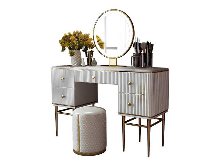 Xlmoebel Schminktisch Eleganter Schminktisch mit Spiegel und Hocker in Weiß (Schminktisch + Hocker, 2-St., Schminktisch + Hocker), Hergestellt in Europa