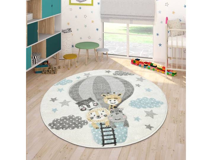 Paco Home Tapis Chambre Enfant Adorable Montgolfière Nuages Joyeux Animaux Pastel En Crème Crème 160 cm rond
