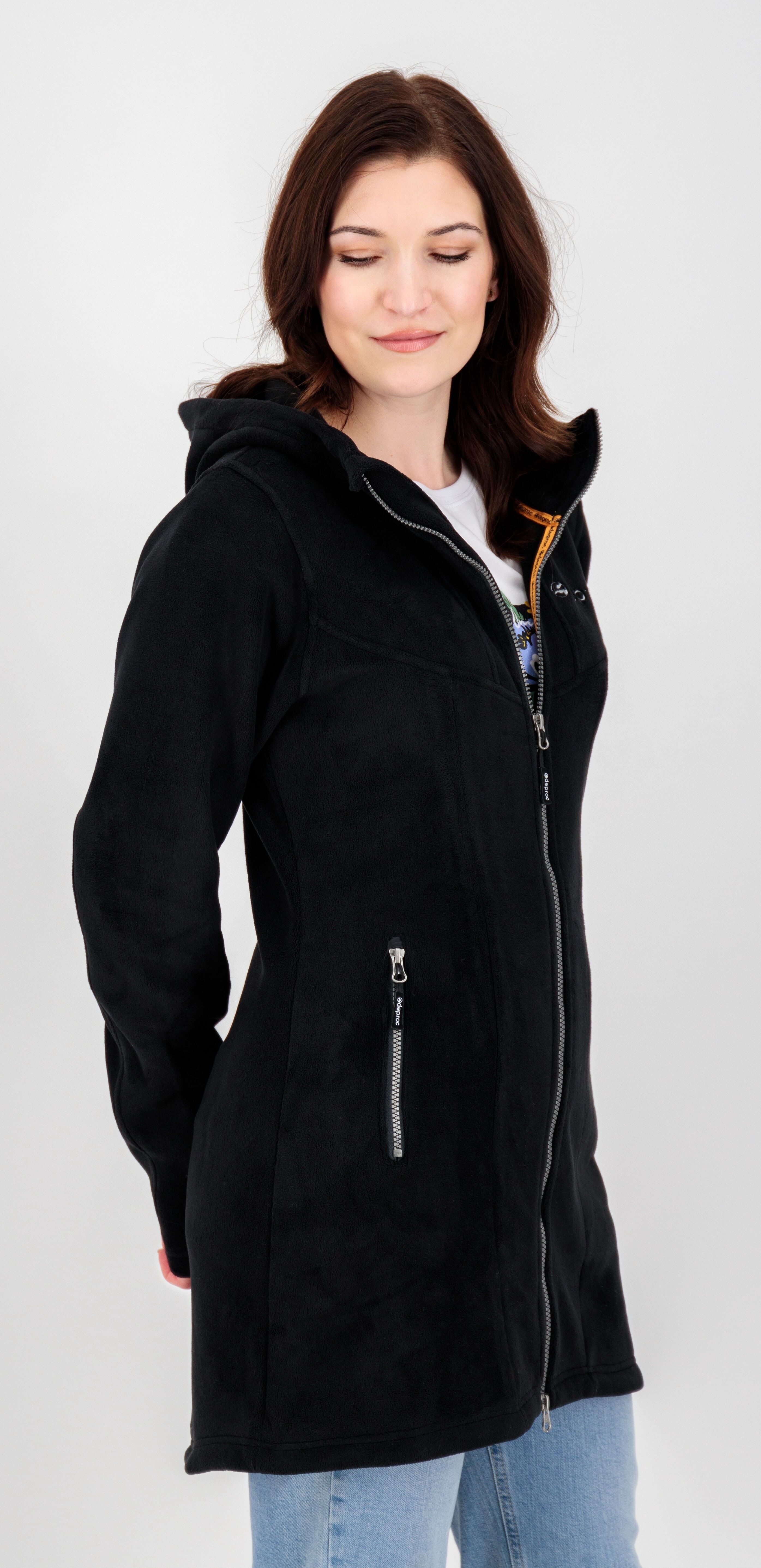 Fleecejacke DEPROC ACTIVE "WAWA PEAK", Damen, Gr. 40 (M), schwarz, Fleece, 100% Polyester, regular fit hüftbedeckend, gerader Abschluss, Jacken Fleecejacke, mit 2-Wege-Reissverschluss schwarz 40 (M)