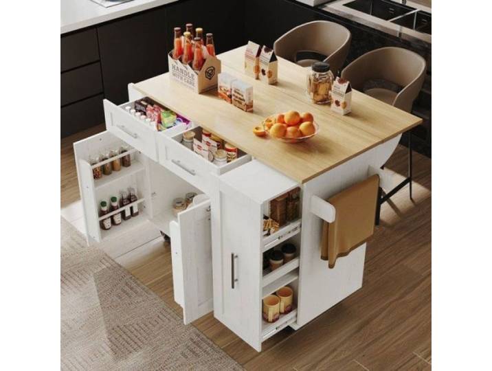 Îlot cuisine moderne effet bois blanc Buffet desserte + Rangement extensible + Étagères multicolore DESSERTE DE CUIS ILOT CENTRAL