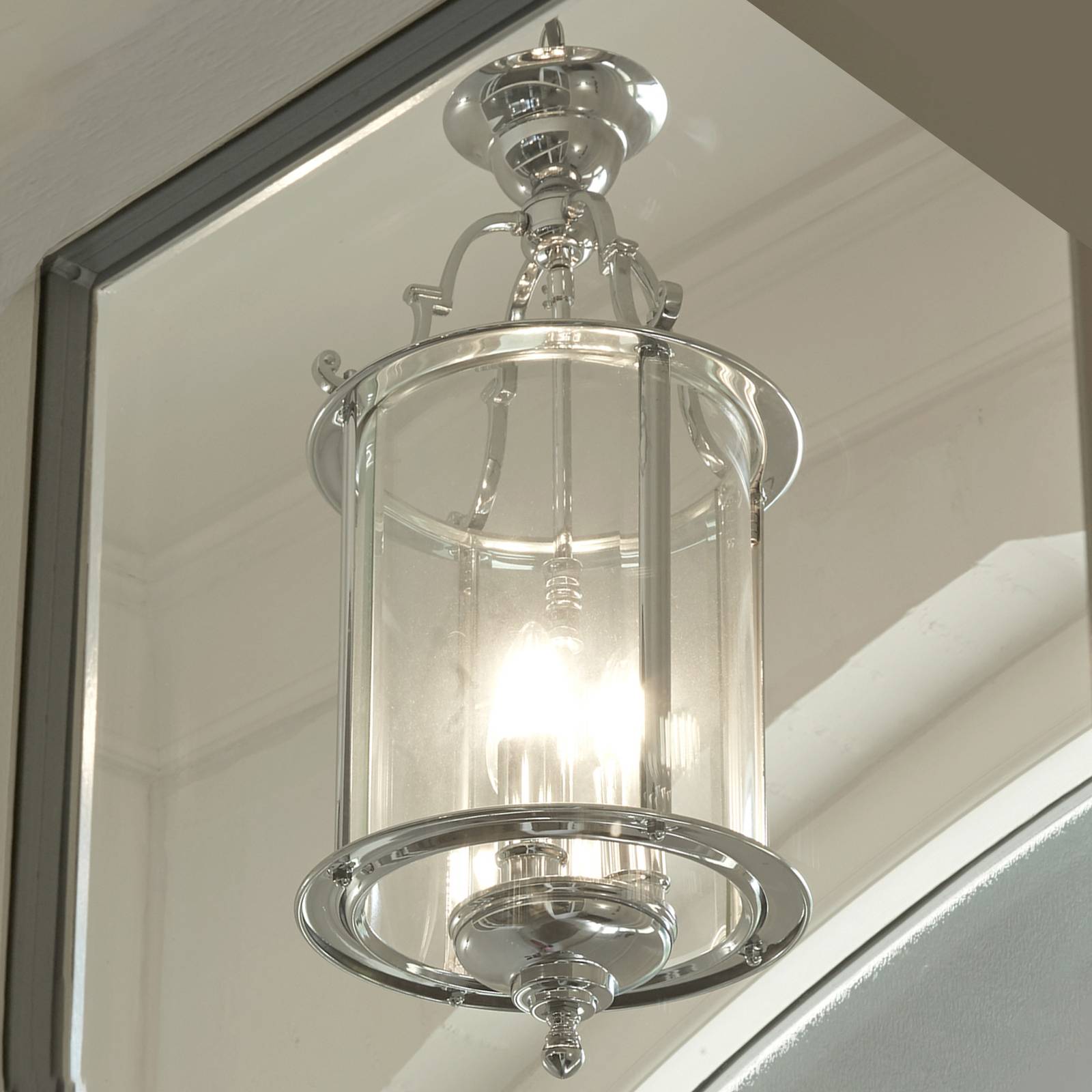 Searchlight Glass Pendant Light Bevelled Lantern, dimmable, Chrome / silver, Living / Dining Room, metal, Ceiling Light
