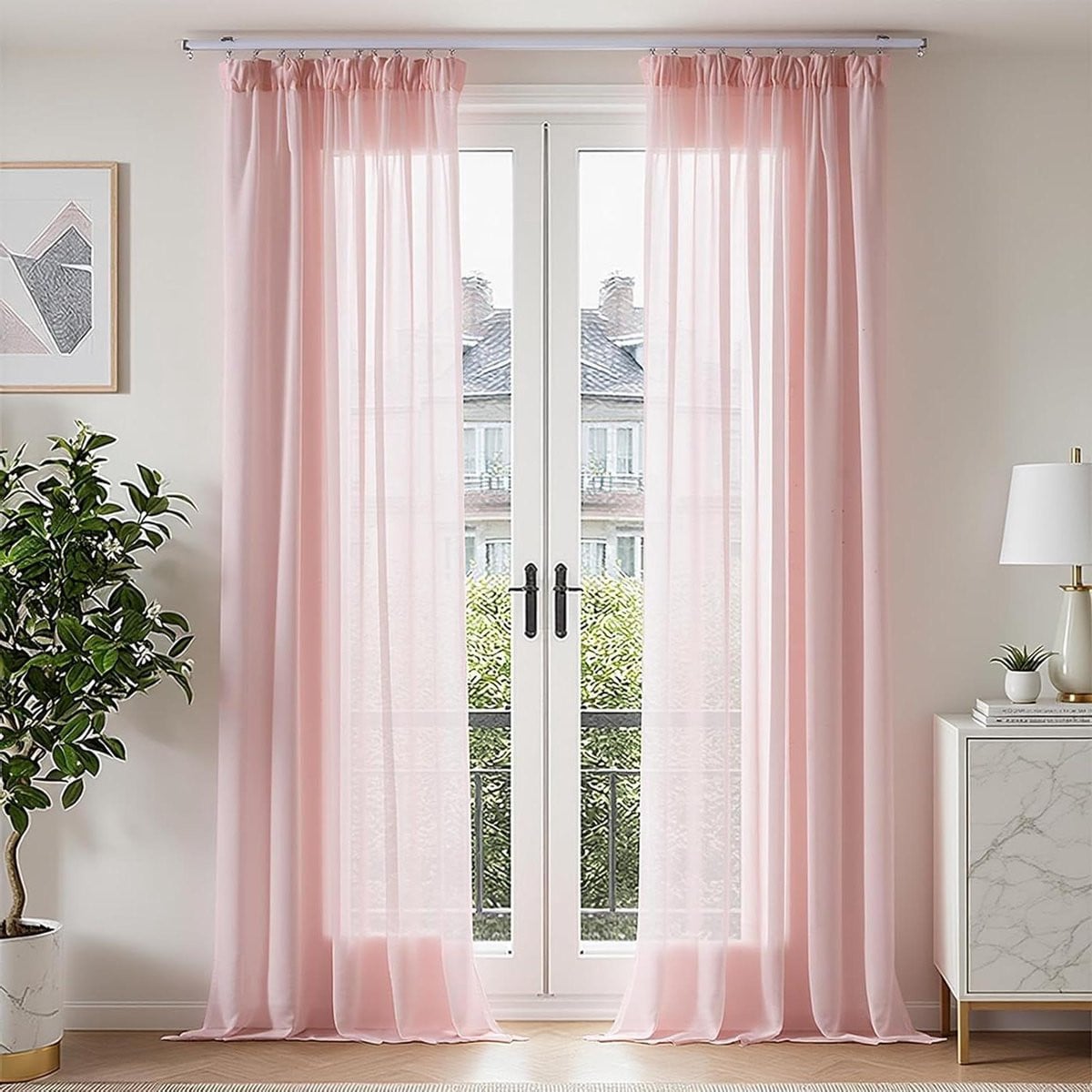 Transparante Chiffon Voile Gordijnen voor Woonkamer Decoratie met Plooiband - Roze - 245 x 140 cm