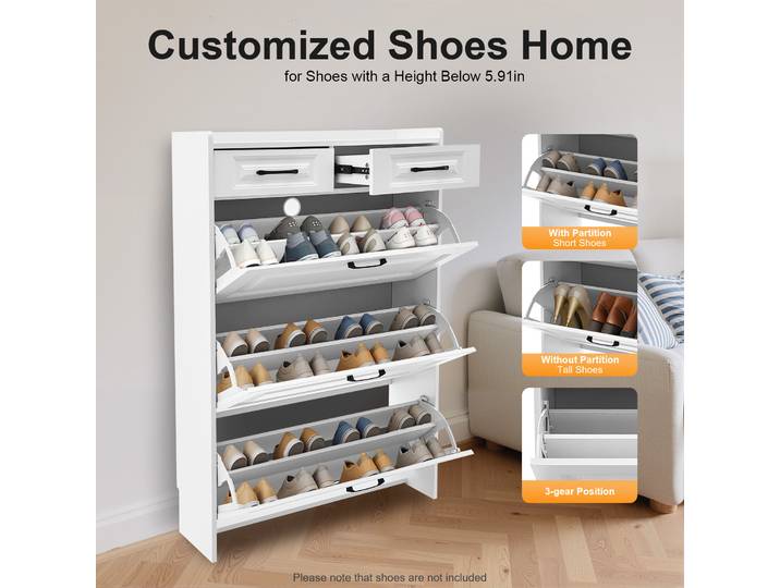 Armoire de rangement à chaussures à tiroir rabattable 80*24*120cm, 3 tiroirs rabattables + 2 tiroirs, armoire à chaussures à cloisons réglables pour l'entrée